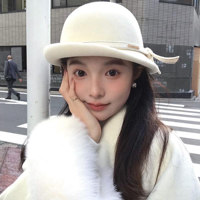 Top Hat Wearing Autumn and Winter Fisherman Hats for Australian Hairy Women with Bows and Basin Hats