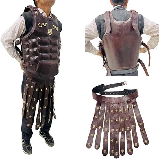 Muscles Leather Cuirass With Front Leather Belt Medieval Knight Muscles Jacket Armor Designer Leather Costume Brown, Adult, Standard