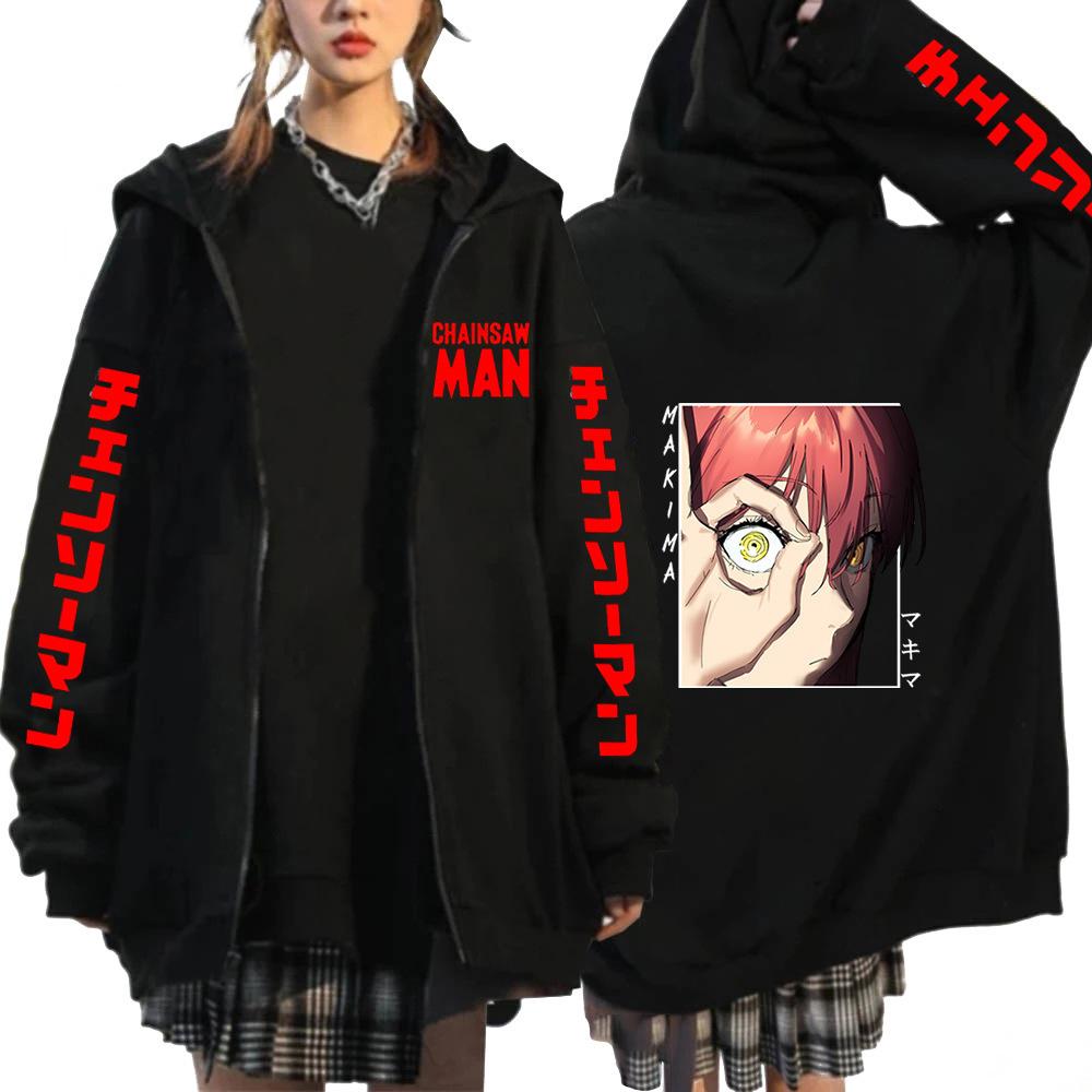 Felpa con cappuccio e zip stampata Chainsaw Man Anime Donna Casual Larga Retro Harajuku Autunno Inverno Manica Lunga Giacca in Pile Felpe
