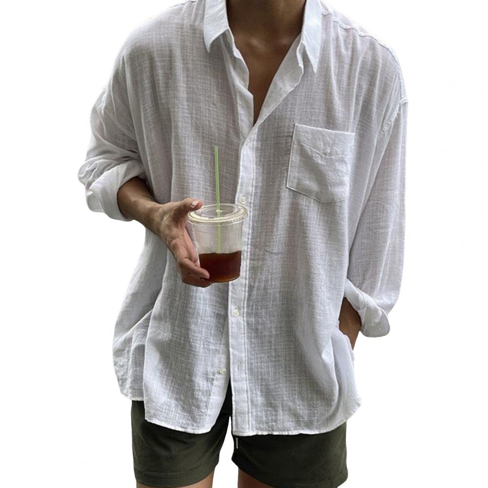 

Лето Осень Мужская Рубашка Тонкий Однотонный Цвет Отложной Воротник Длинные Рукава Застежка На Пуговицах Свободный Кардиган Нагрудный Карман Средняя Длина Повседневный M белый