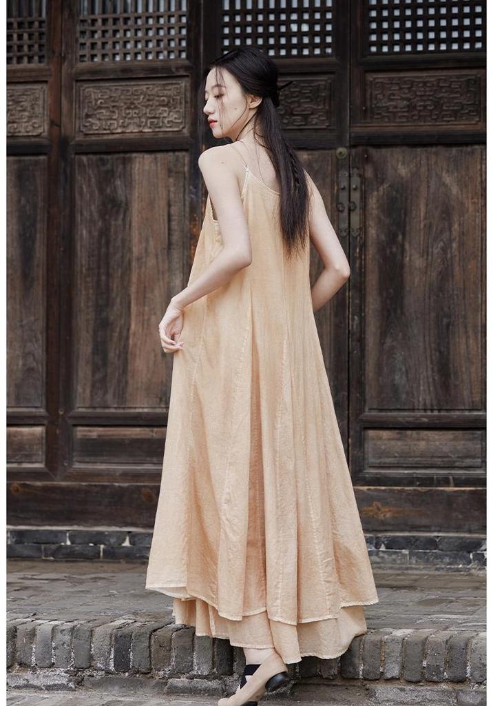 2025 Summer Dark Silent Willow Patchwork Camisole Dress with Large Hem