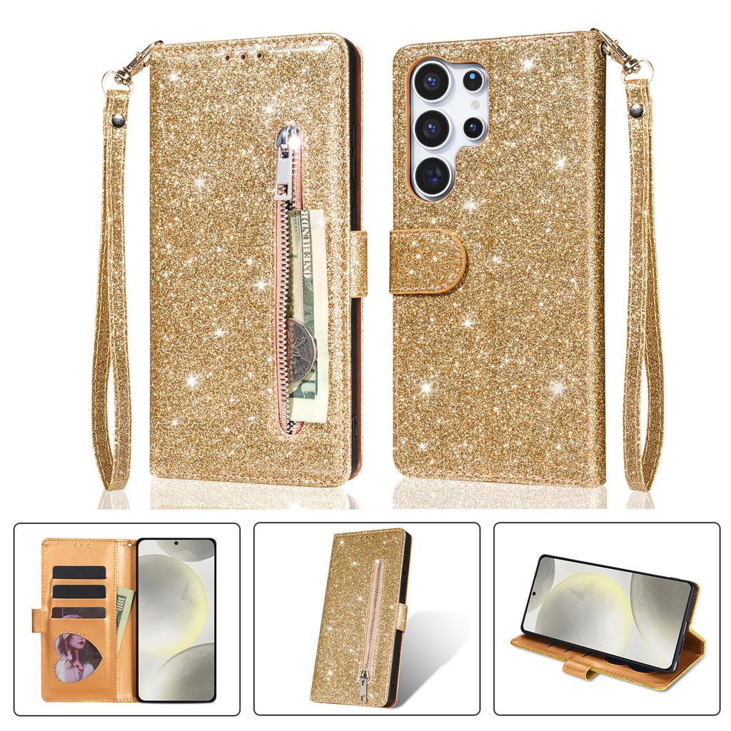 Zipper Cute Glittering Wallet Cards Solt Phone Case For Samsung S26 Ultra S25 Plus S24 S23 A36 A56 Flip Strong Magnetic Cover