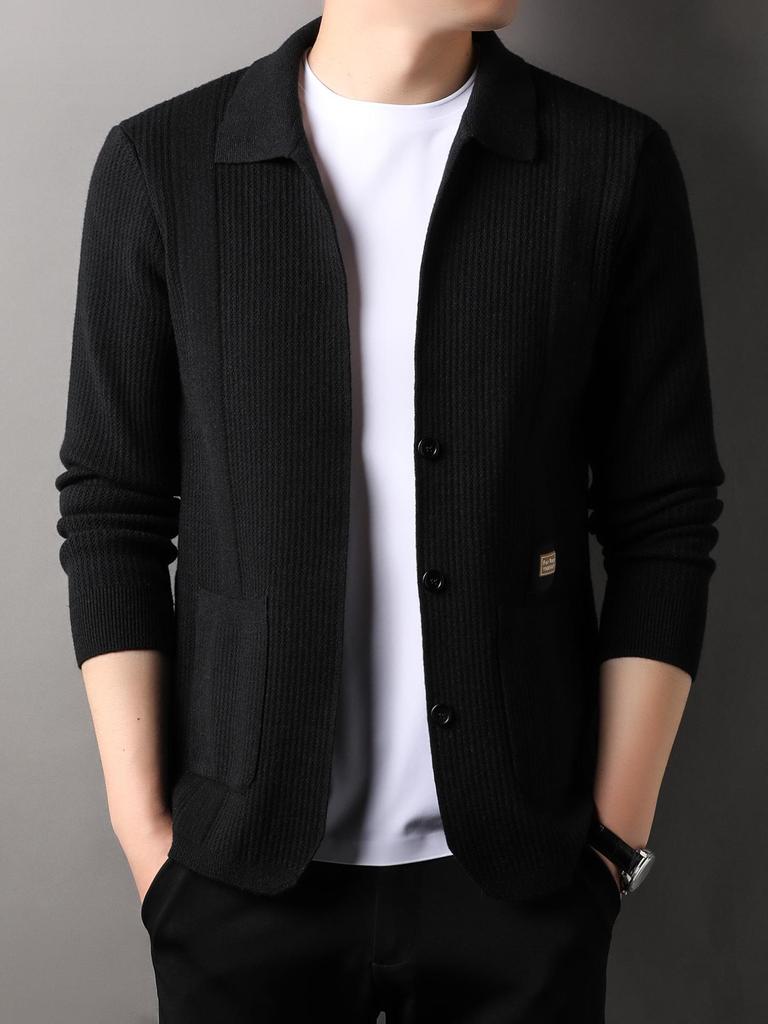 Men's Solid Color Knit Cardigan - Anti-Pilling Casual Jacket for Autumn/Winter 2024