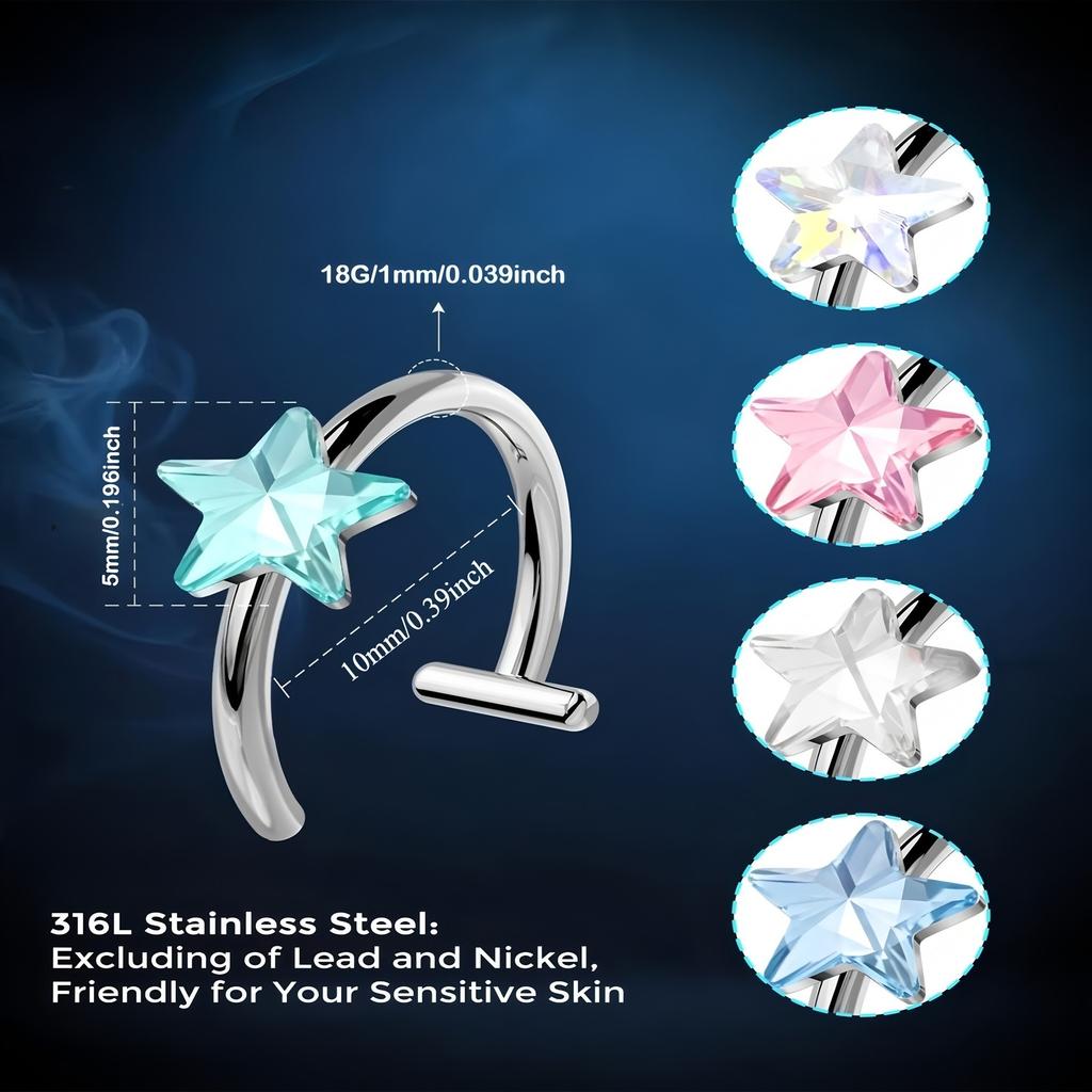 Source Factory Five-Pointed Star Colored 316 Stainless Steel Trendy Unisex Curved Rod Nose Ring Body Jewelry