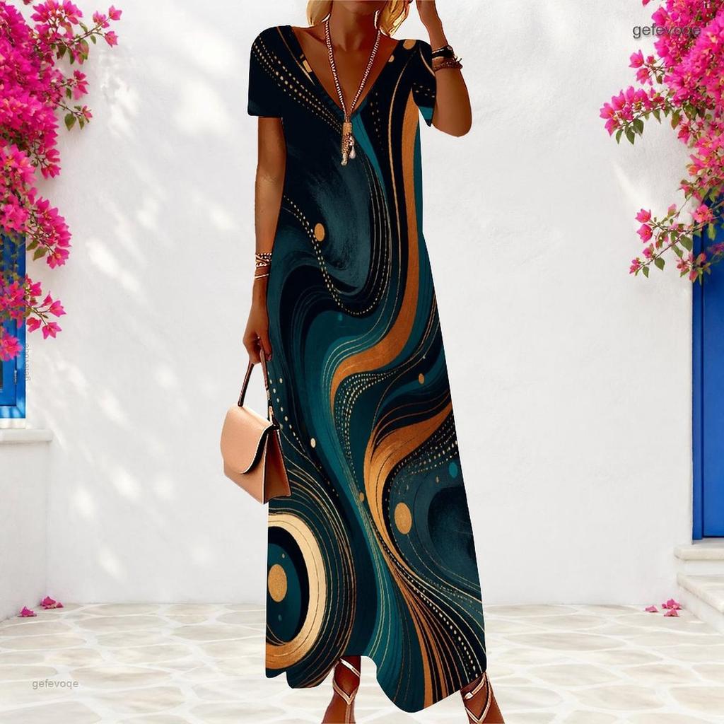 Women Plus Size V Neck Short Sleeve Rainbow Tie Dye Printed Long Dress