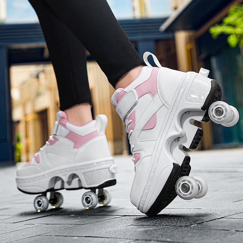 Kids Roller Skates Shoes 6-15 Years Old Four-wheel Deformation Can Walk Can Skate Skates Girl Runaway Shoes