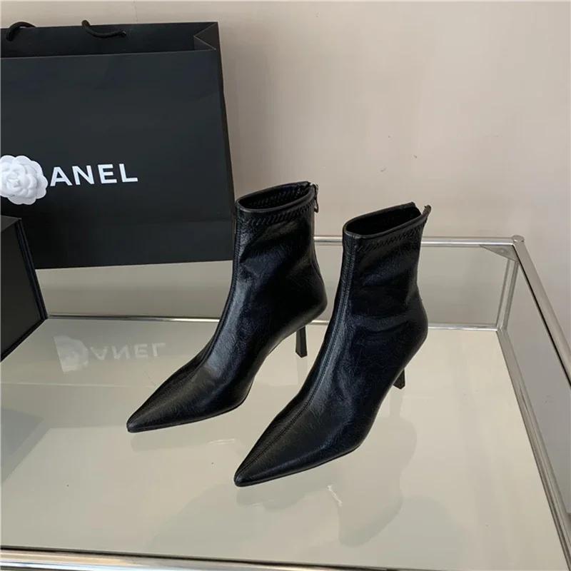 2025 Spring Pointed Toe Women Modern Ankle Boots Fashion Soft Leather Short Booties Concise High Heels Shoes