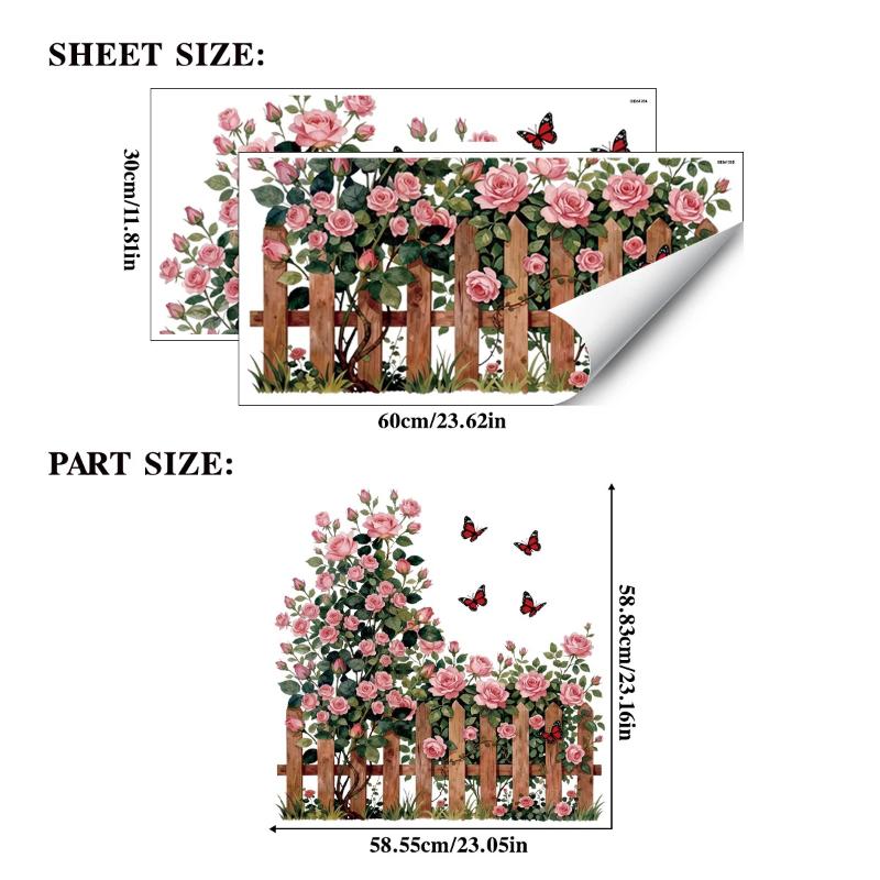 Romantic Rose Wall Decals, Rose Vine Fence Floral Stickers Wall Art Murals, Peel And Stick Self-Adhesive Stickers For Girls Bed