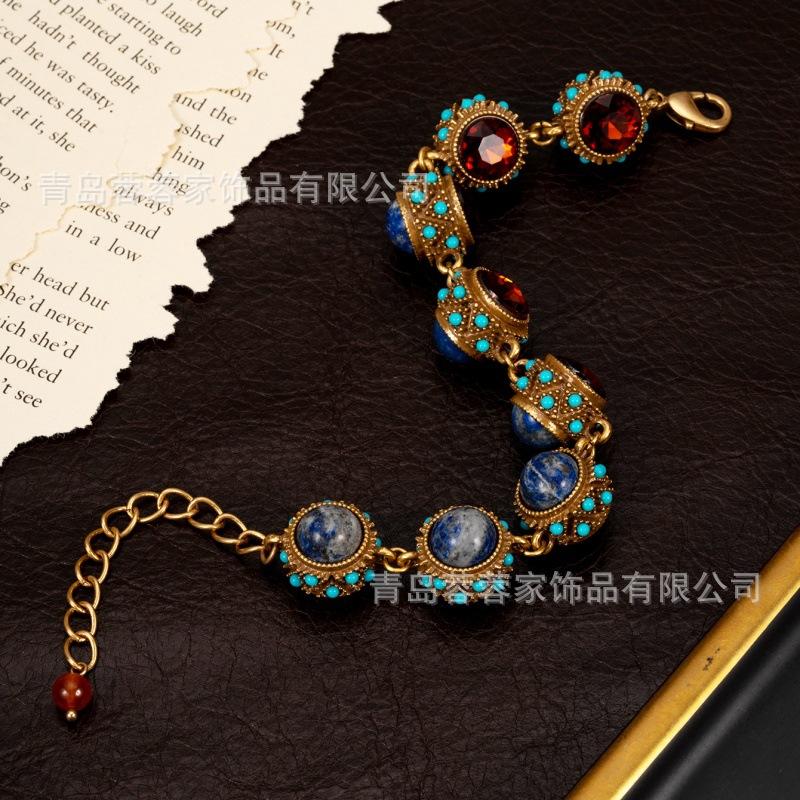 Vintage Jewelry Turquoise Natural Stone Inlaid With Zircon Bracelet Hollow Style