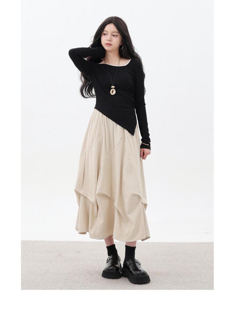 Pleated Corduroy A-Line Skirt