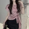 Women's Korean Fashion Lace Up Asymmetrical Designer Blouse Office Lady Luxury Elegant Shirt Short Sleeve Solid Slim Tops Blusas