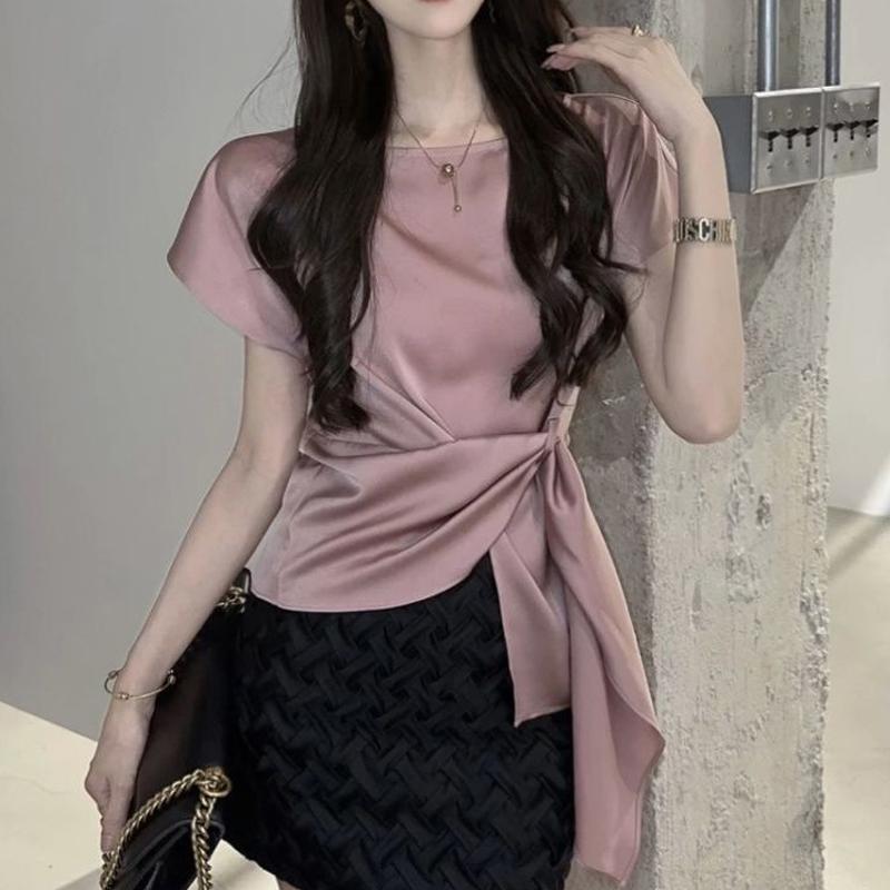 Women's Korean Fashion Lace Up Asymmetrical Designer Blouse Office Lady Luxury Elegant Shirt Short Sleeve Solid Slim Tops Blusas