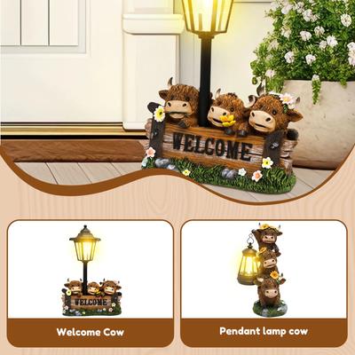 Garden Cow Statue Synthetic Resin Outdoor Waterproof Animal Statue with LED Light Practical Lawn Ornament for Yard Garden Patio