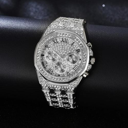 Apzzic Diamond Iced Out Watch, CZ Gold Plated, 40mm Wide, Roman Numeral Dial, Quartz Wristband, Men's/Women's, Silver, Fashionable.