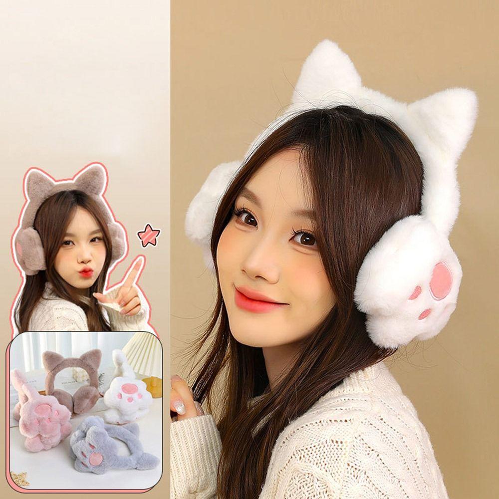 Fashion Plush Ear Warmer Anti-Freeze Thickening Ear Cover Collapsible Winter Warm Cat Claw Earmuffs for Women Girls