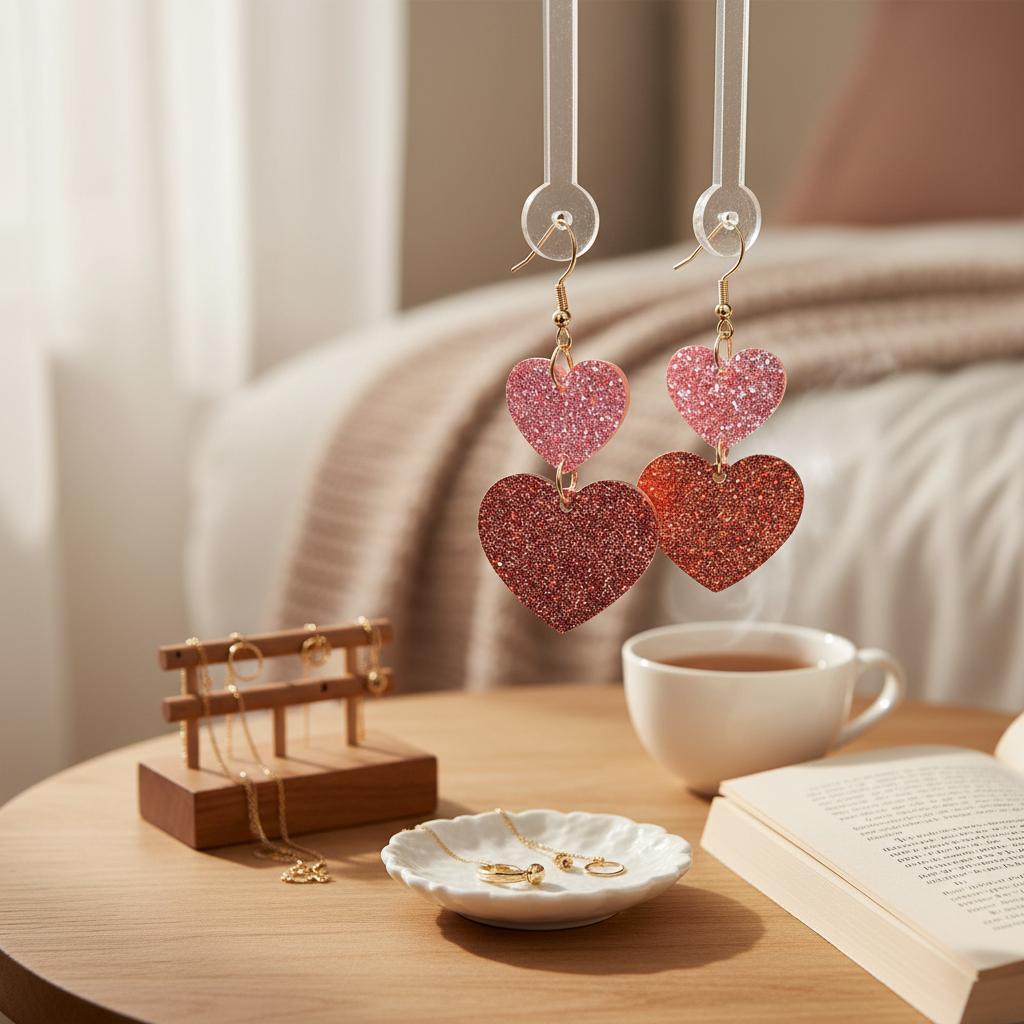 Acrylic Heart Earrings Pink Red Glitter Pendant Lightweight Comfortable for Women Gift