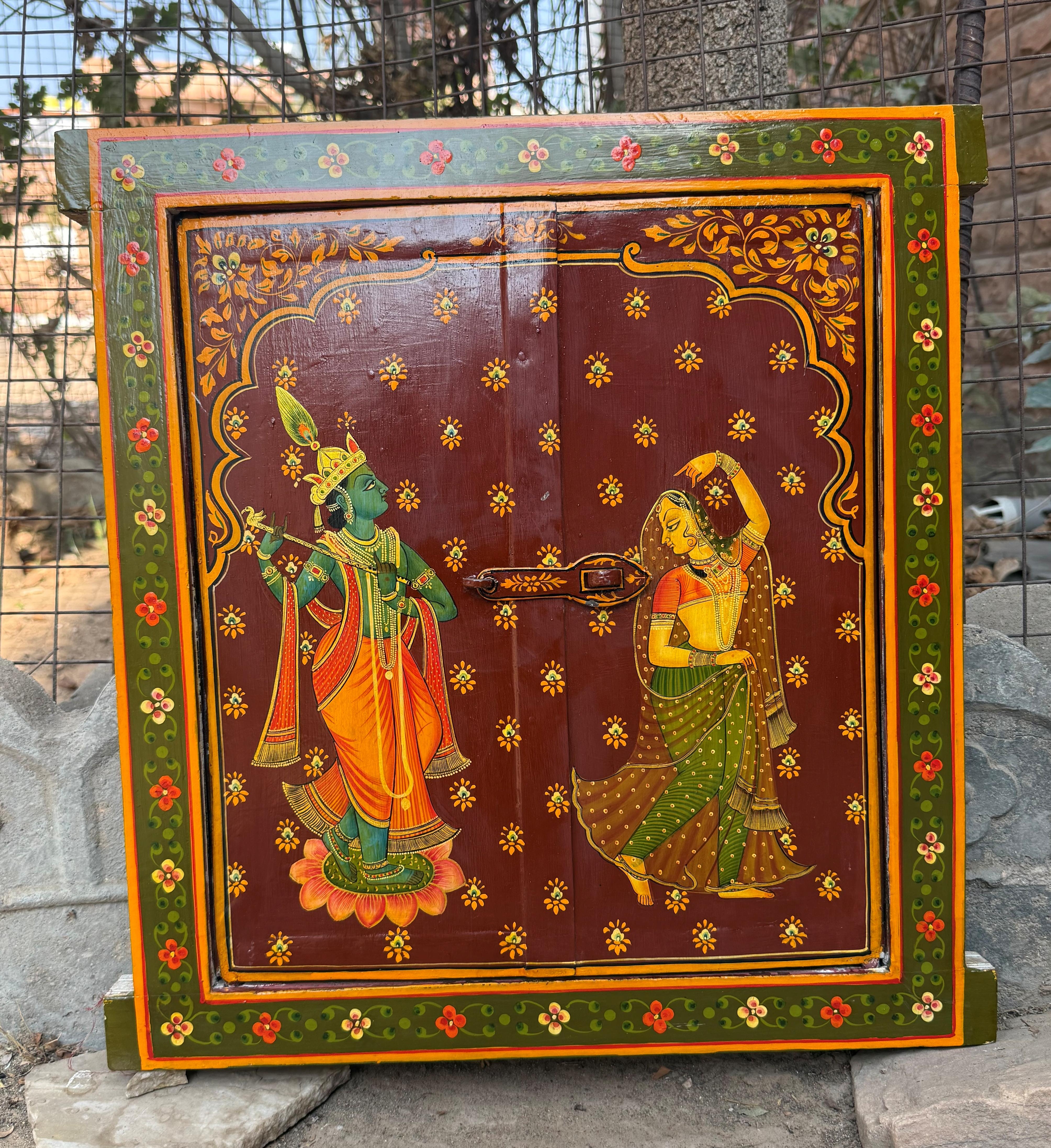 Retro Antique Wooden Window Panel Hand Painted Indian Religious Radha Krishna Frame 21” X 20” X 1” (h x l x w) approx.