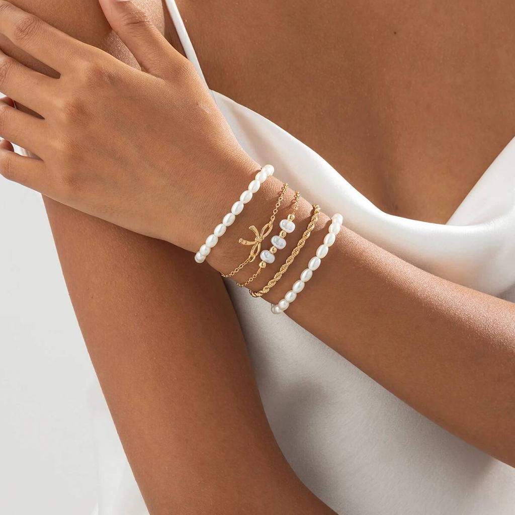 Salircon 4Pcs/set Fashion Imitation Pearl Bowknot Bangle Bracelets Women Boho Vintage Gold Color Bangle Couple Jewelry Gift