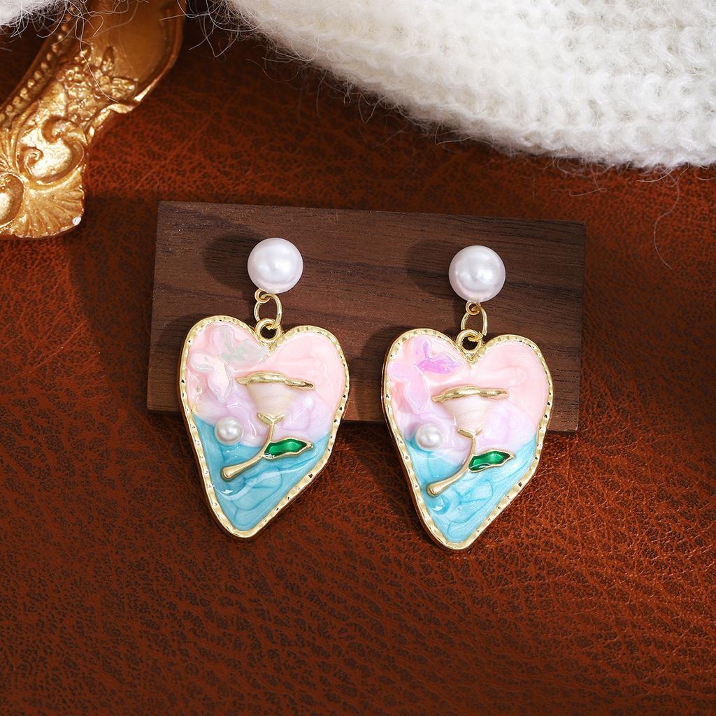 French Color Oil Drop Flower Pearl Stud Earrings Mori Fresh And Sweet Earrings Light Luxury Design Earrings Women