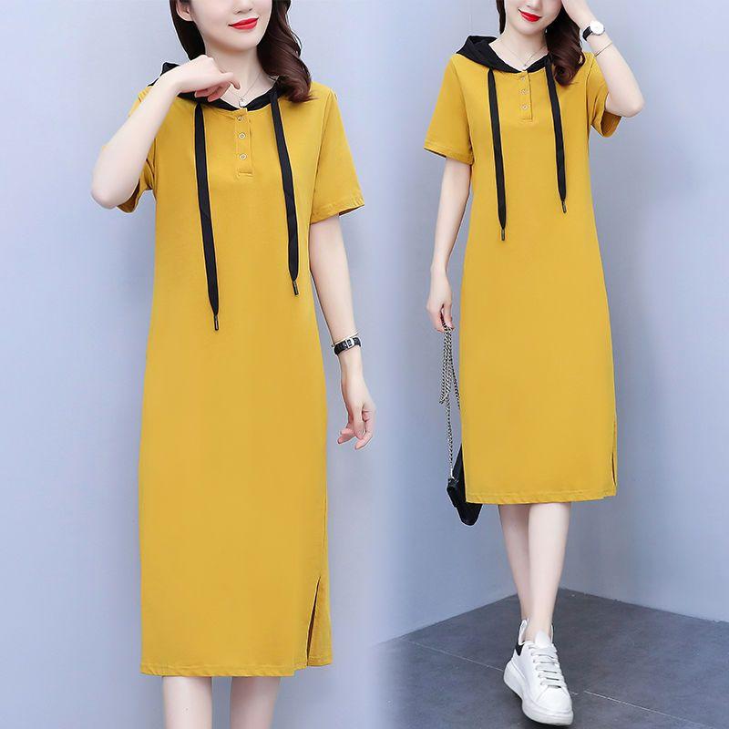Summer Women Hooded Dress Long Loose Fit Casual Slimming Elegant Youthful Knee Length Short Sleeve