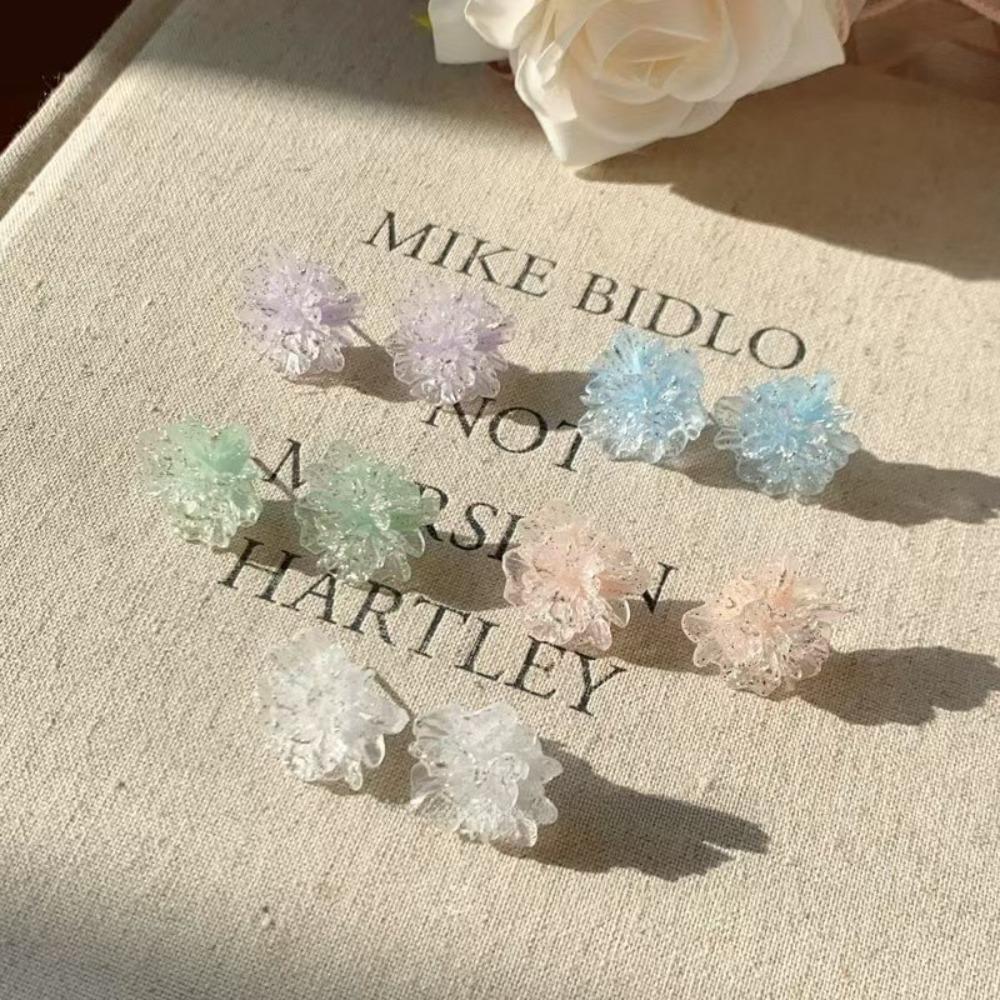 Korean Sweet Colored Ice-transparent Blossoming Flowers Stud Earrings for Women Summer Vacation Temperament Piercing Jewelry