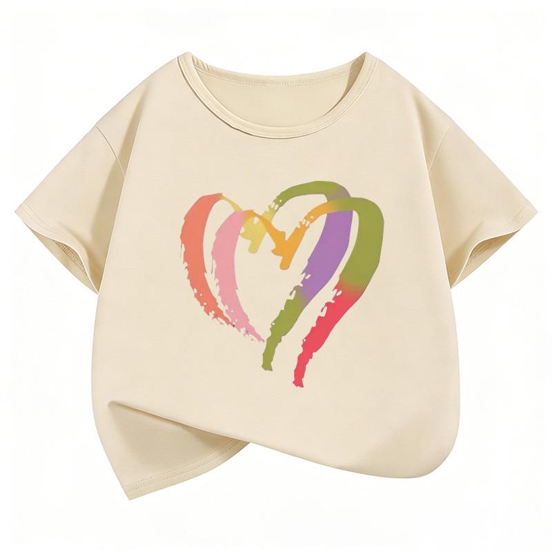 Colorful Love Heart Fashion Crew Neck Short Sleeve T Shirts Kids Childrens Tshirt Boys Girls Summer Spring Casual Top Tee