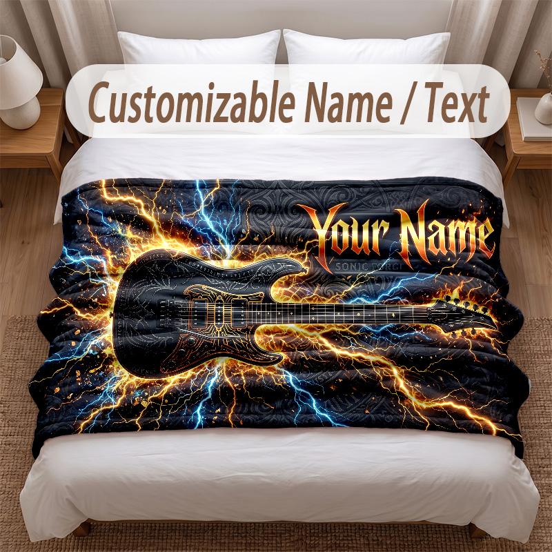 Music Guitar Theme Soft Blanket Personalized Custom Name Text Print Warm Blanket Home Sofa Bedroom Decor