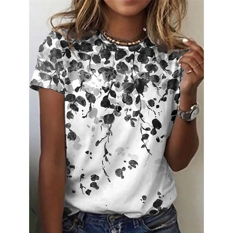 Summer Round Neck 3D Flower Print Top Fashionable Casual Short Sleeved Women's T-shirts