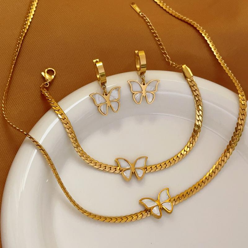Stainless Steel New Fashion Jewelry Vintage Style Embed Seashell Butterfly Women Charm Chain Necklace Bracelet Earrings