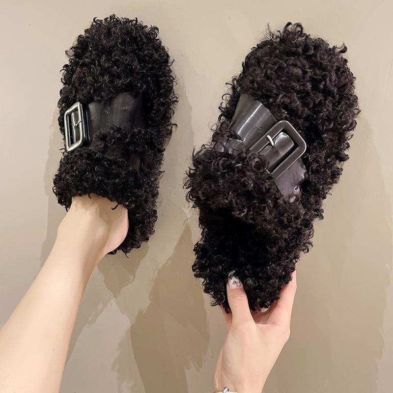 

Пушистые тапочки на толстой подошве женские, меховые, с интегрированной сумкой на голову, плюшевые зимние сапоги, маффин, одна нога, хлопковые тапочки, зимние 35 чёрный