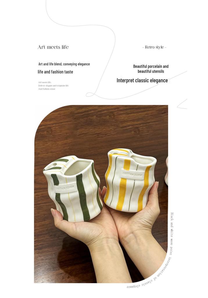 Ceramic Hand-Painted Striped Coffee Mug with Straw