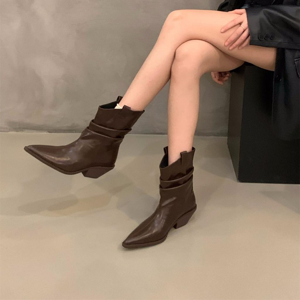High Heel Pointed Pile Medium Boots Martin Boots Women's Boots 2025 Fall/Winter Skinny Brown Western Cowboy Boots