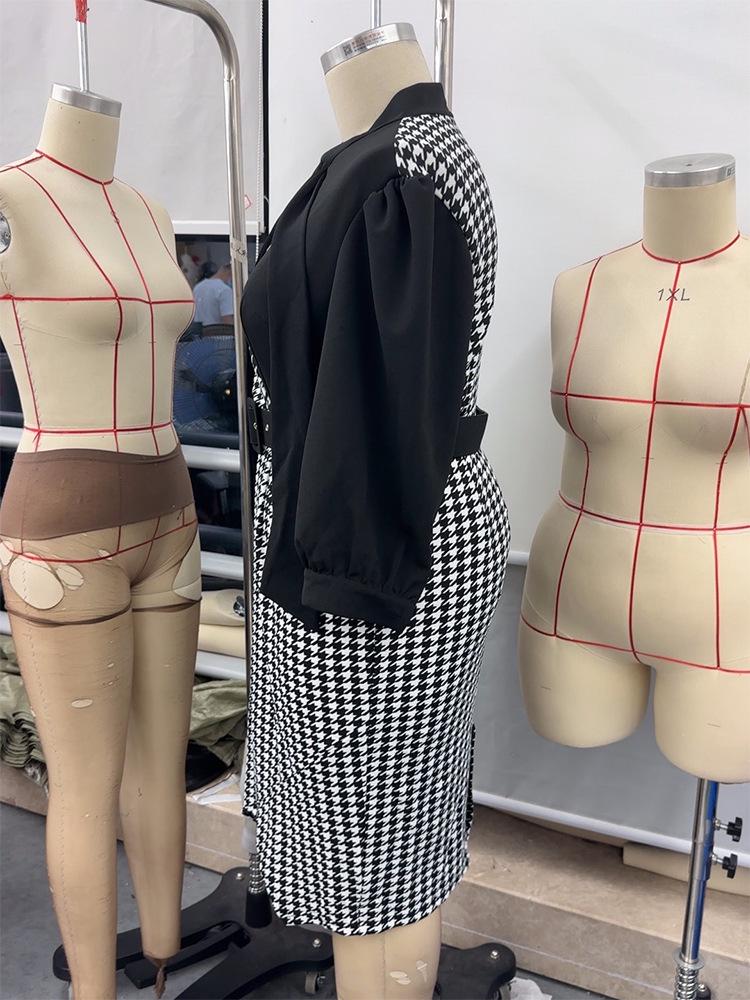 A24-516 European & American Houndstooth Slim Formal Dress - Fashionable, Large Size