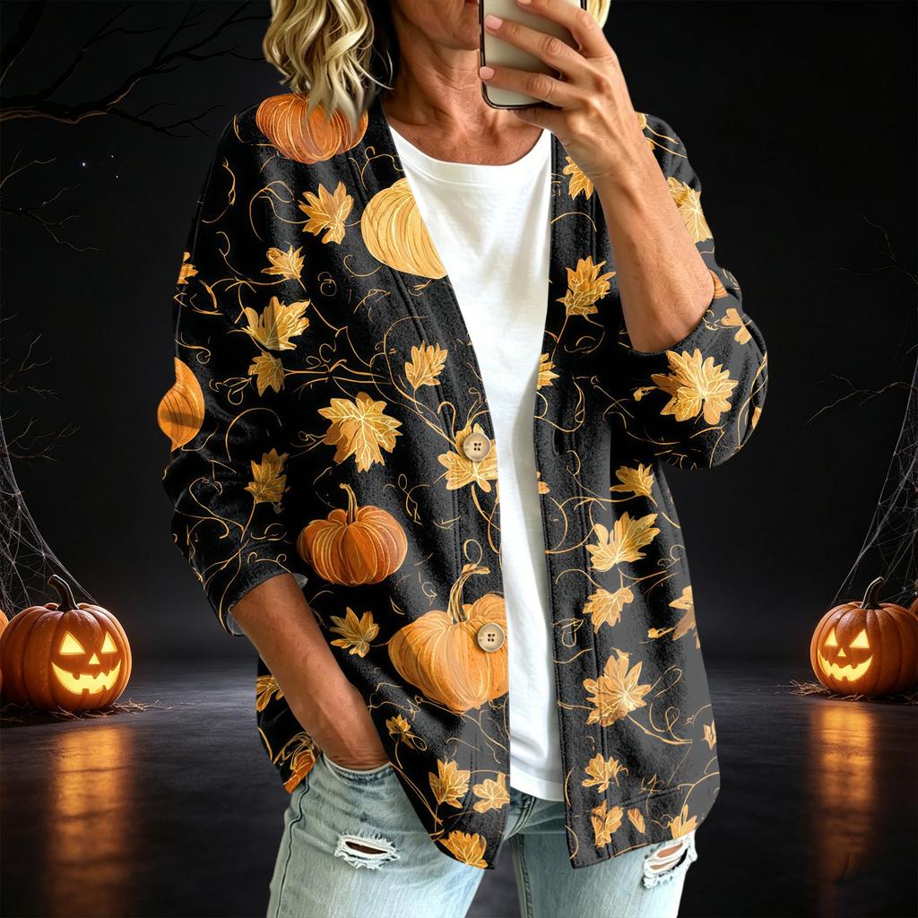 Women's Casual Button Down Halloween Print Jacket for Fall Seasonal Wear