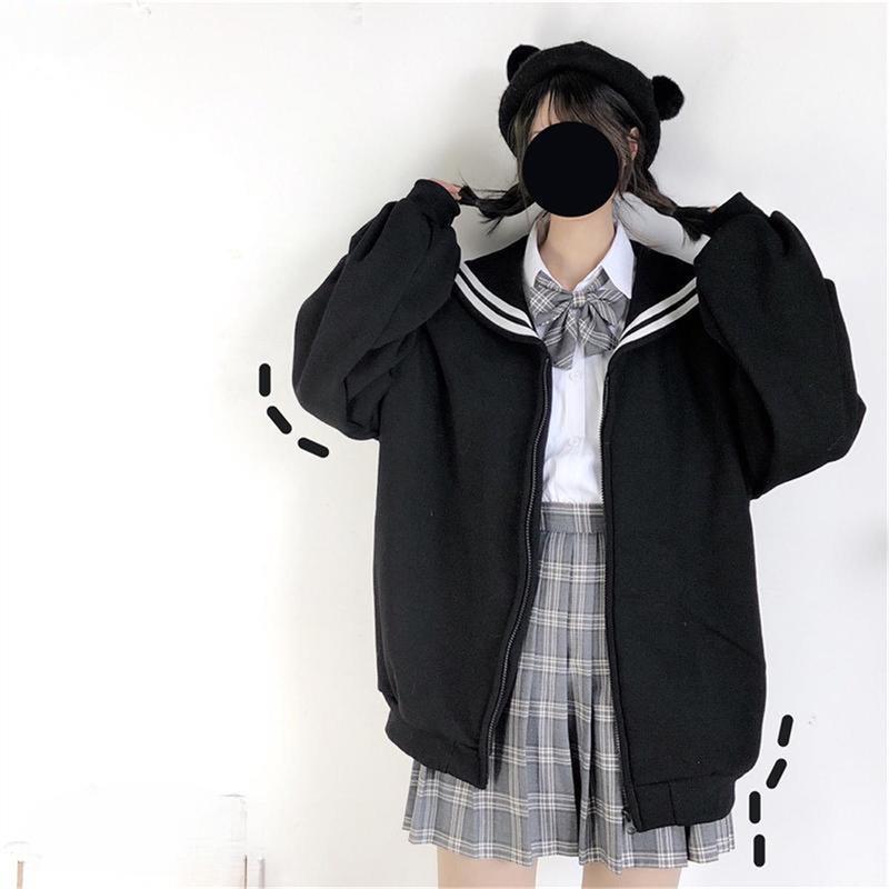 Black Kawaii Zip Up Hoodie Women Sailor Collar Sweatshirt Japanese Streetwear Soft Girl Fashion Oversized Sweatshirt