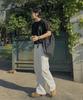 Jikeulib White Curved Cut-Line Wide Cotton Pants