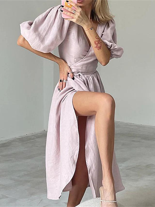 2023 Spring/Summer Women's European & American Style Lace-up Puff Sleeve Split Dress