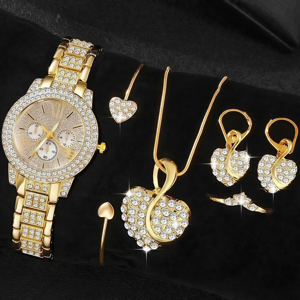 Ladies Cornucopia Diamond Watch Set, Popular 5pcs Bracelet Accessories Fashion Quartz European Beautiful Women Watch Set
