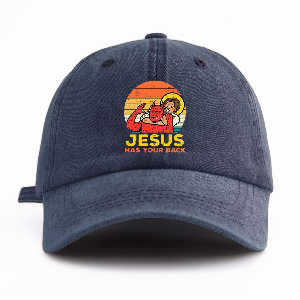 1 Stück JESUS HAT DICH IM RÜCKEN Aufdruck Gewaschene Baseballkappe für ErwachseneMinimalistischer Retro-Stil Lässig Weich Verstellbar Papa-HutPerfekt Als Geschenk