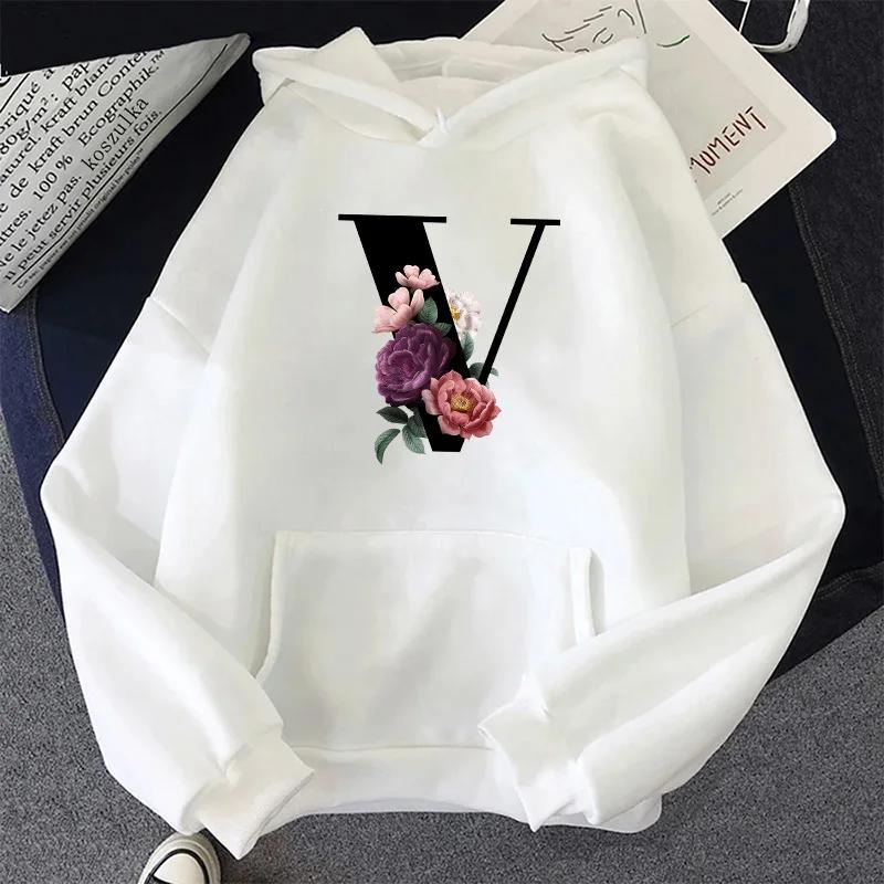 Letter A-Z Printed Womens Hoodies Casual Sweatshirts Sportswear Outdoors Sports Jogging Woman Clothing White Fashion Street Tops