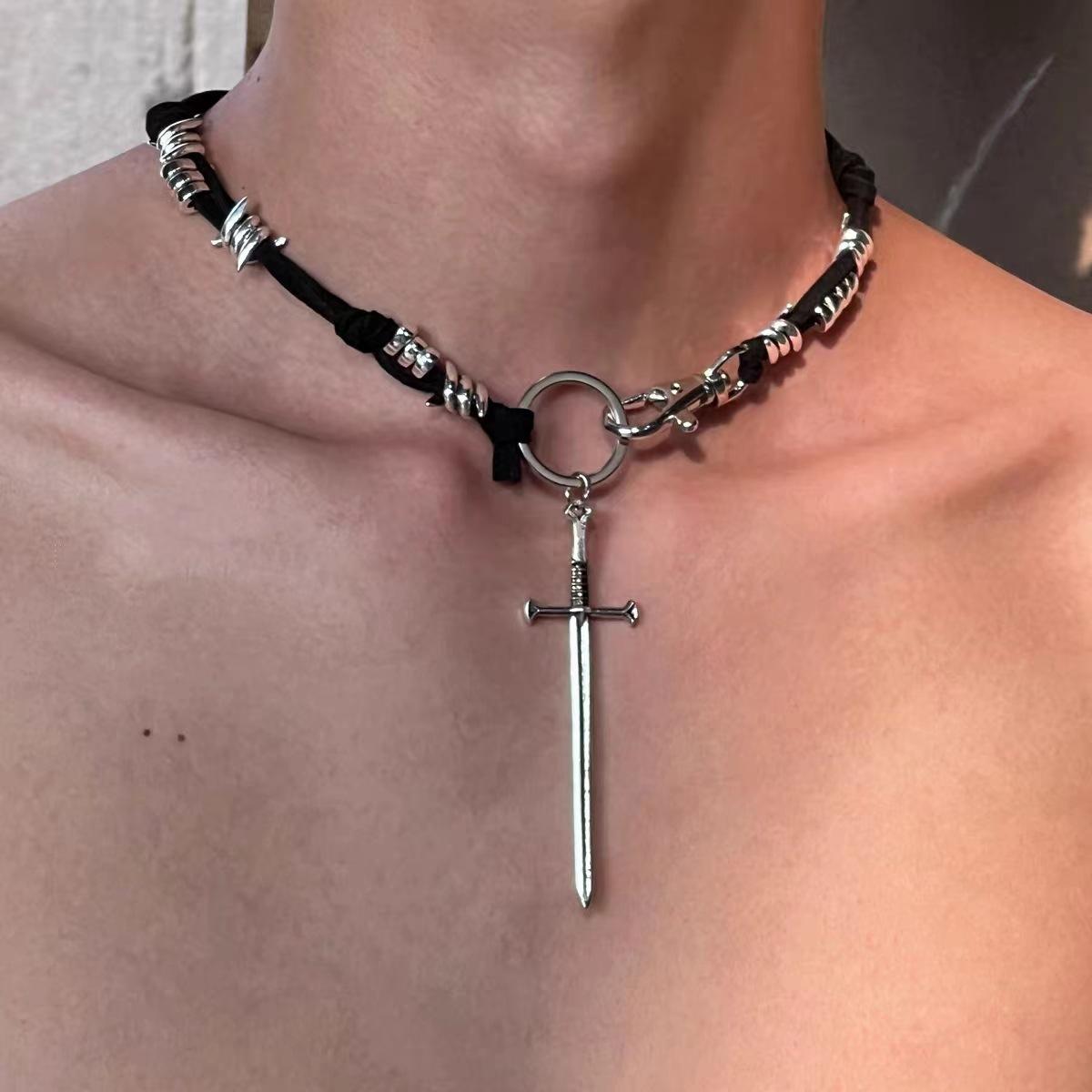

Gothic Occult Sword Necklace for Men Women Cool Thorns Black Rope Chokers Punk Hiphop Neck Zircon Spice Girls Y2K Accessories