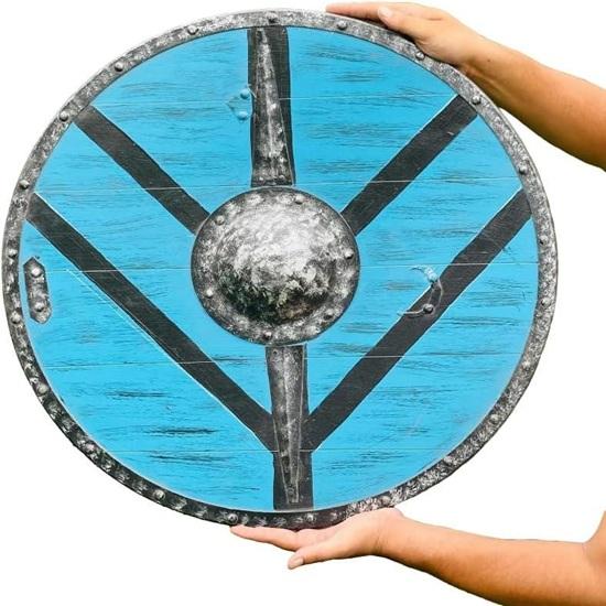 Blue Viking Shield Norse Wooden Round Shield Medieval LARP Cosplay Wall Decor