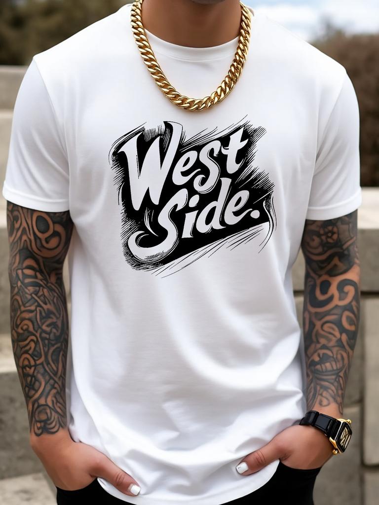European Size Men's Summer Casual Sports Fashion T-Shirt, Cotton Blend, Soft, Breathable, Loose Fit, White/Blue/Black Regular Fit Crew Neck T-Shirt