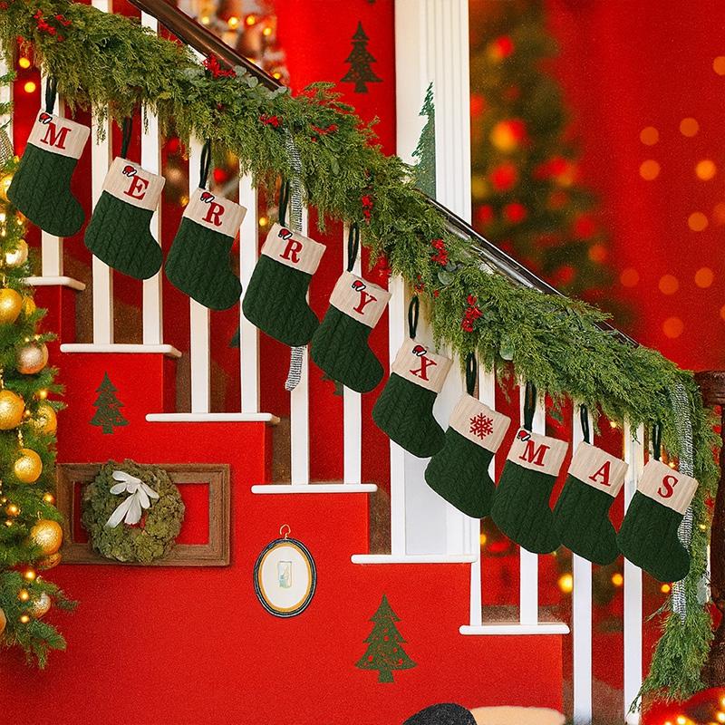 2026 Christmas Socks Green A-Z Letter Knitting Socks Snowflake Stocking Xmas Tree Ornament Christmas Decoration navidad natal