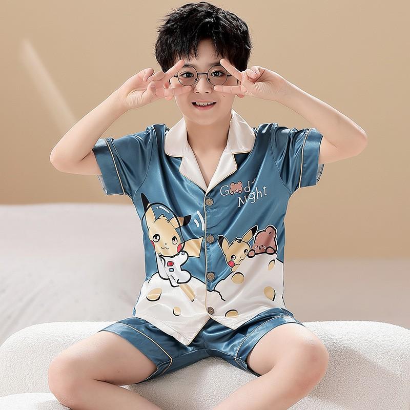 Boys Pajama Set Ice Silk Short Sleeve Cartoon Sleepwear Kids 8 Years Home Loungewear