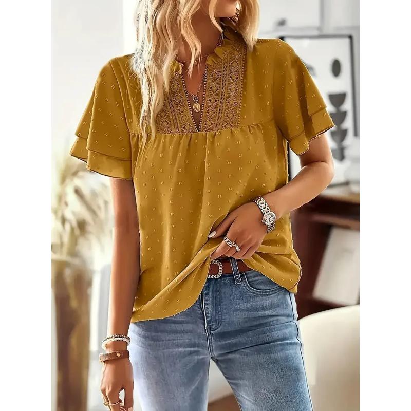 Women's Solid Color V-Neck Blouse Shirt Ladies Fashion CLace Trim & Swiss Dot Accents Blouse
