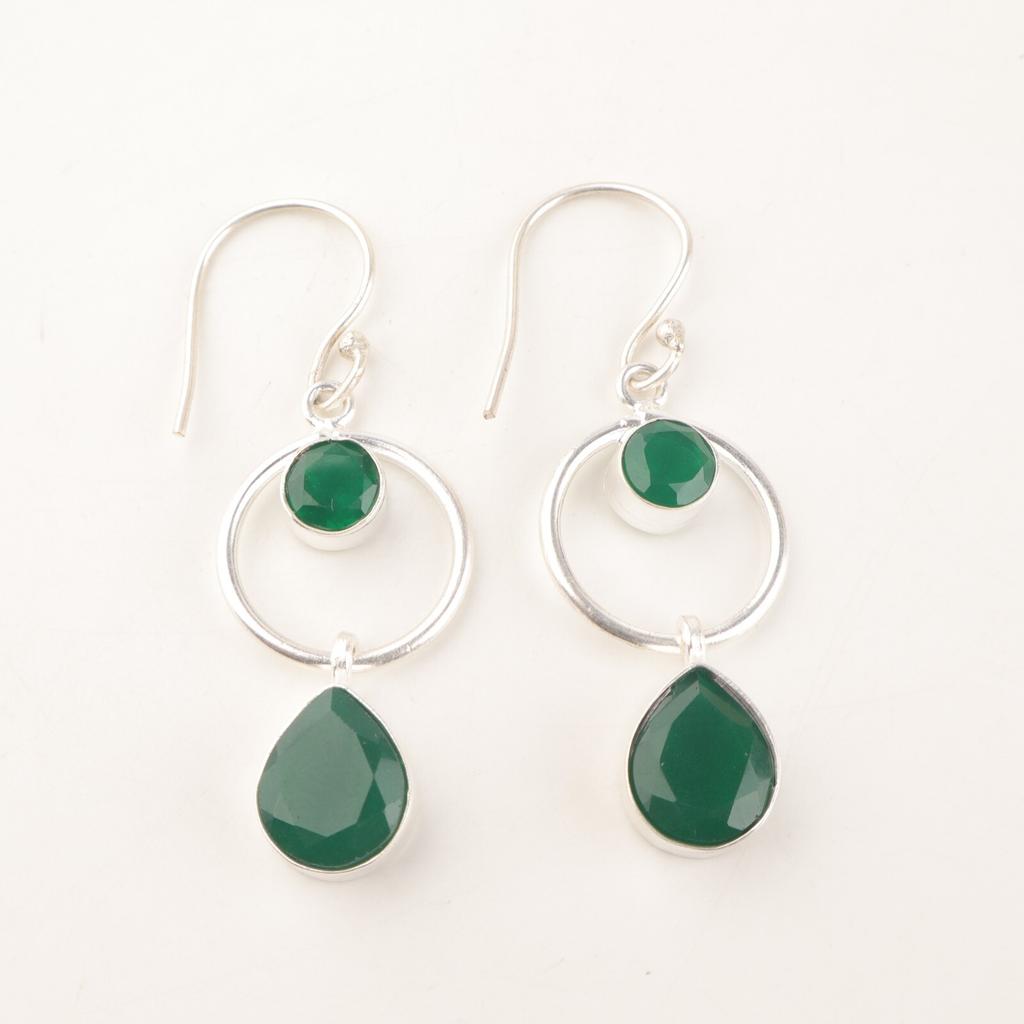 Natural Green Onyx Gemstone 925 Sterling Silver Jewelry Handmade Earrings 2.0" EE-140-9