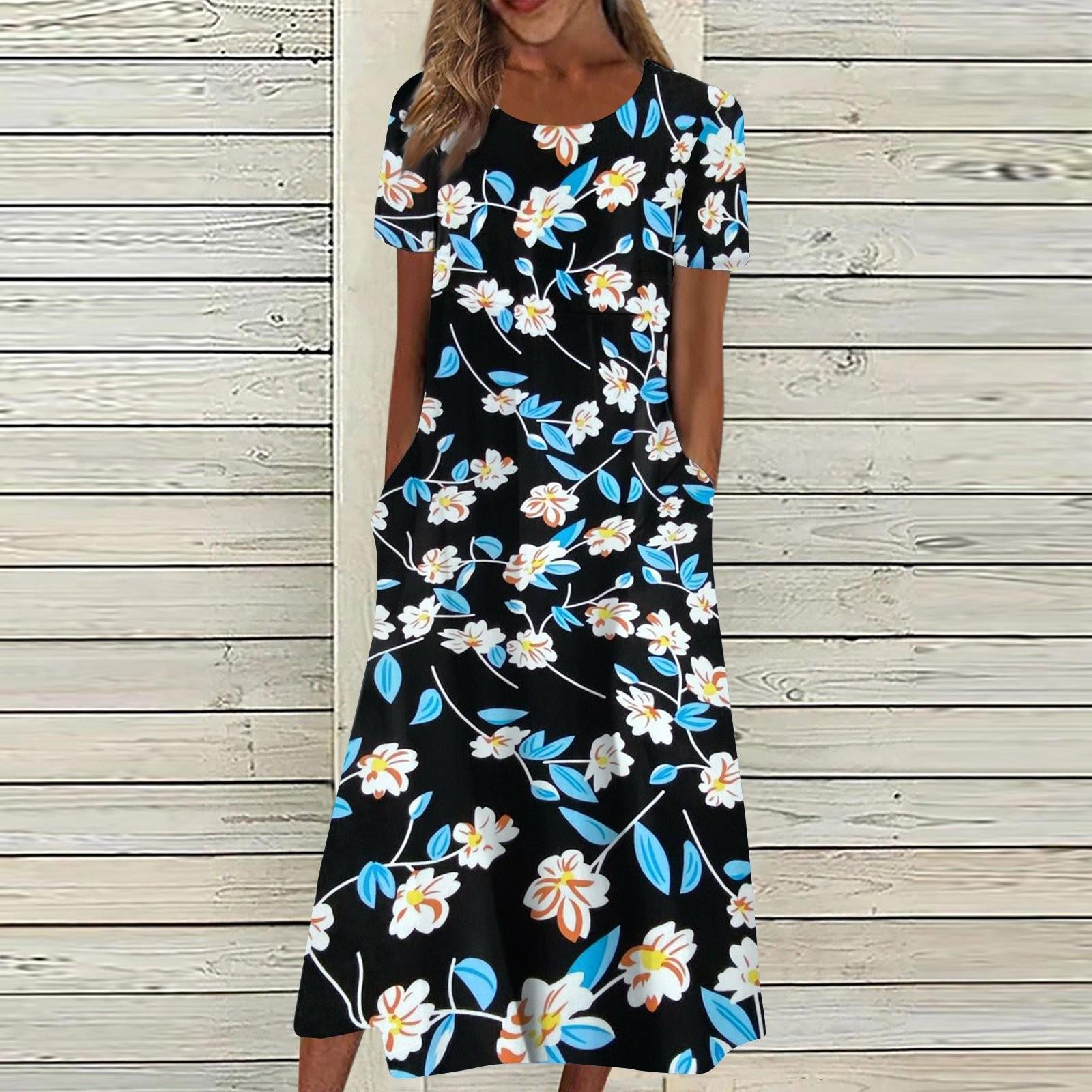 

Женские летние повседневные модные винтажные свободные платья с цветочным принтом и круглым вырезом L синий