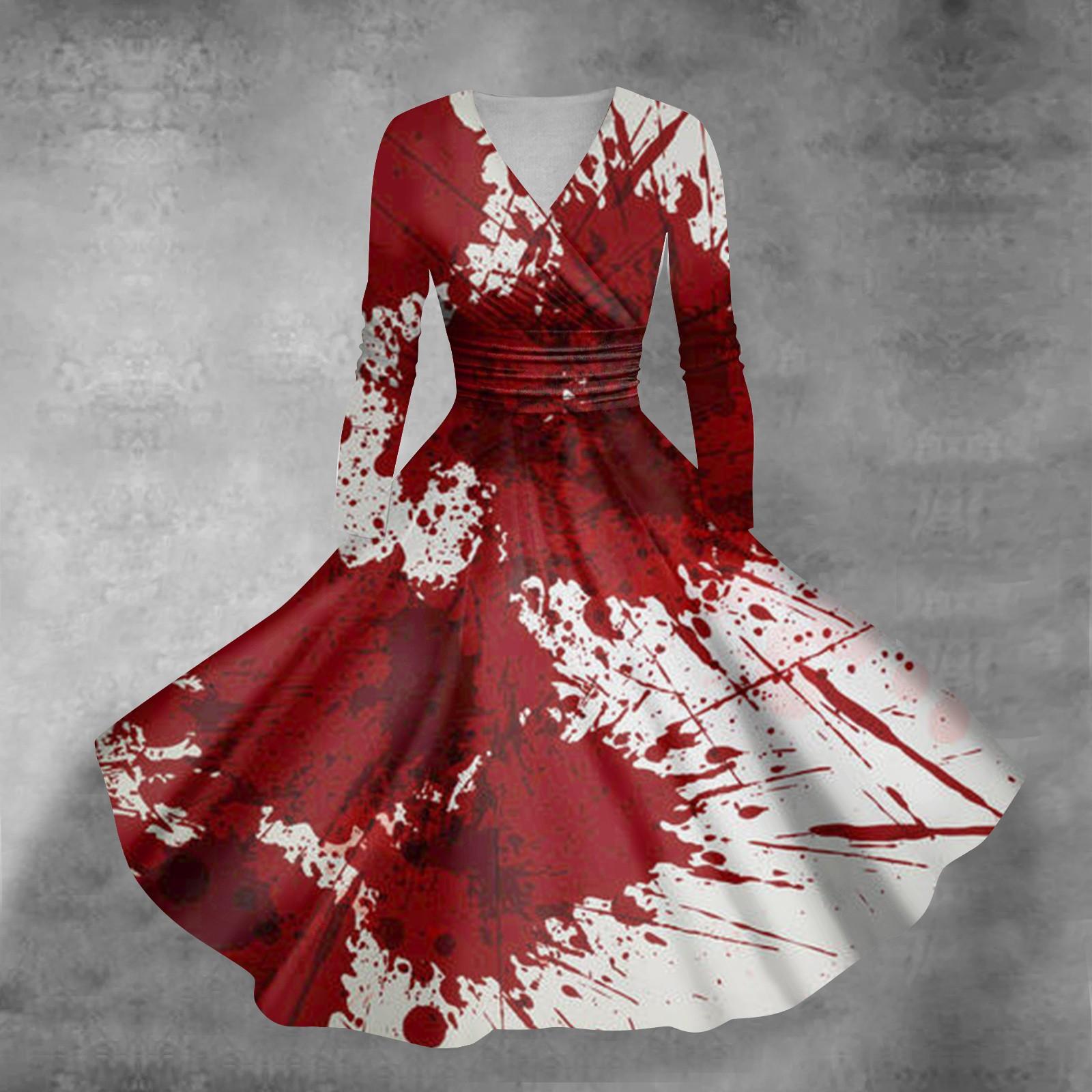 

Женское повседневное и модное сексуальное платье с v-образным вырезом и длинными рукавами с принтом на Хэллоуин XL