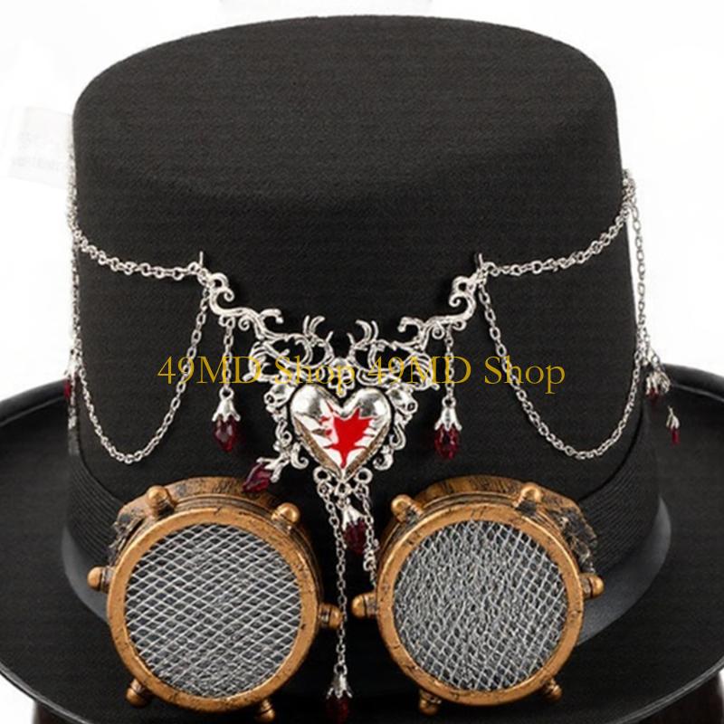 49MD Gothic Rock Wool Top Hat With Chain Pendant Mechanical Gears Removable Goggles And Dramatic For Costume Accessories
